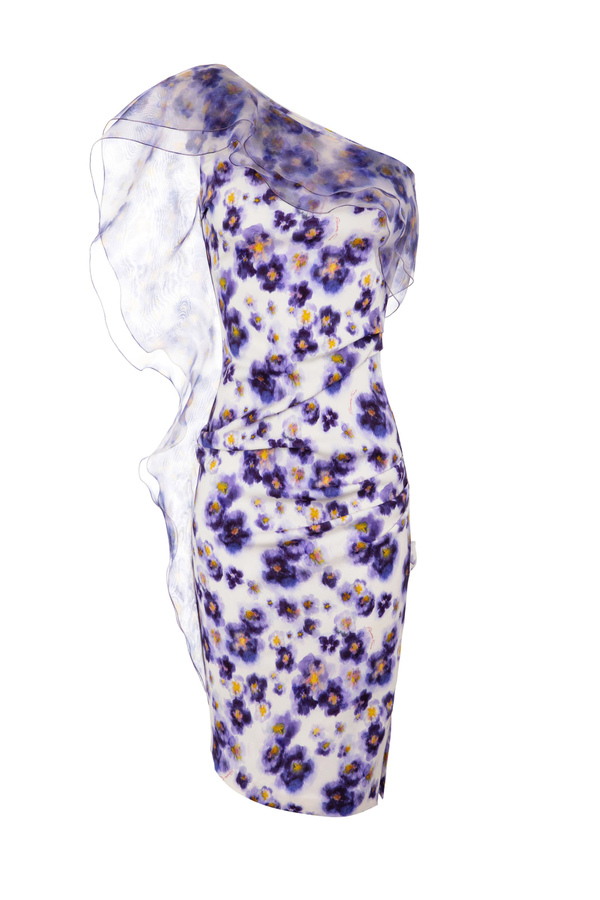 Kleid mit Aquarell-Printmotiv und Volant - Elisabetta Franchi® Outlet
