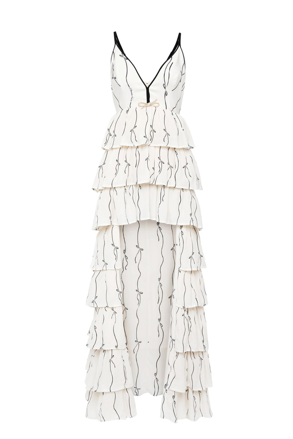 Red Carpet dress with flounces and bow print - Elisabetta Franchi® Outlet