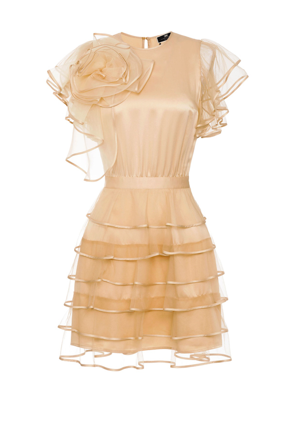 Mini vestido de volantes de seda con flor - Elisabetta Franchi® Outlet