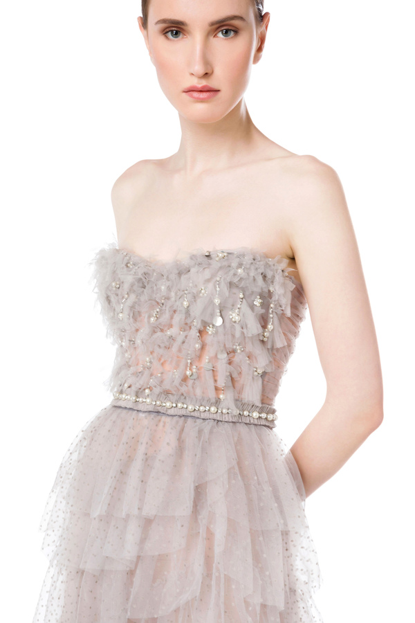 Red Carpet dress in tulle fabric and pearls by Elisabetta Franchi - Elisabetta Franchi® Outlet