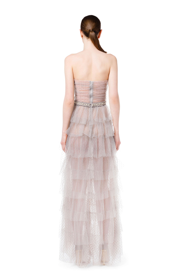Red Carpet dress in tulle fabric and pearls by Elisabetta Franchi - Elisabetta Franchi® Outlet