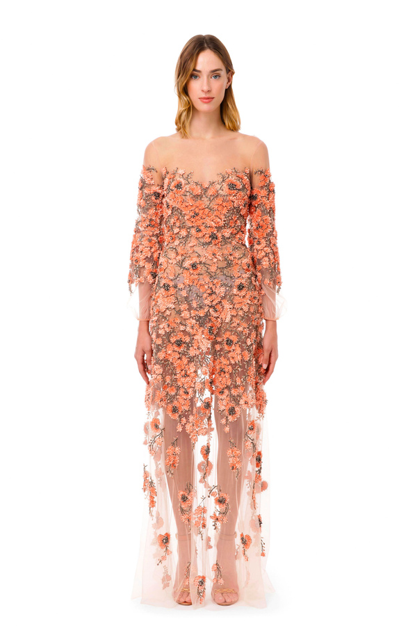 Red Carpet long dress with floral embroideries - Elisabetta Franchi® Outlet