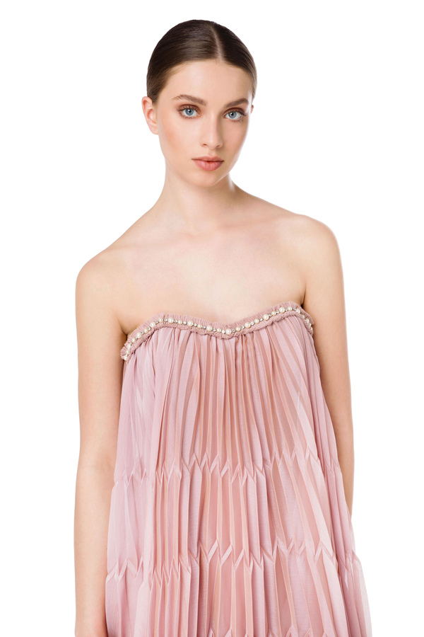 Pleated mini dress in voile fabric with pearls - Elisabetta Franchi® Outlet