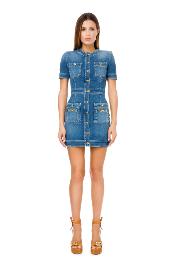 Short-sleeved denim mini dress - Elisabetta Franchi® Outlet