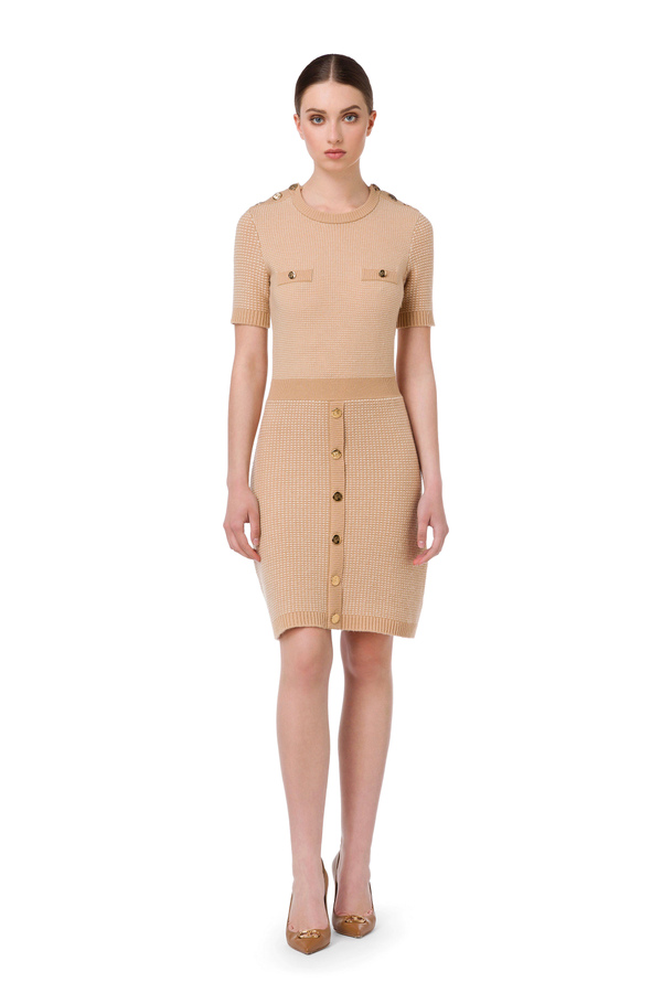 Dress in knit fabric with braid motif and light gold buttons - Elisabetta Franchi® Outlet