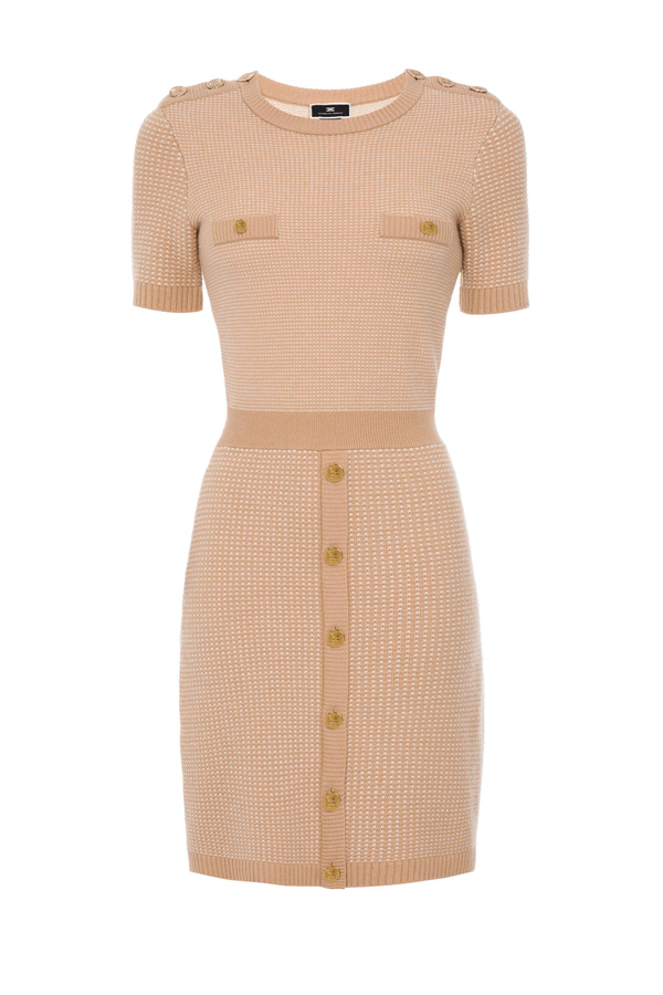Dress in knit fabric with braid motif and light gold buttons - Elisabetta Franchi® Outlet