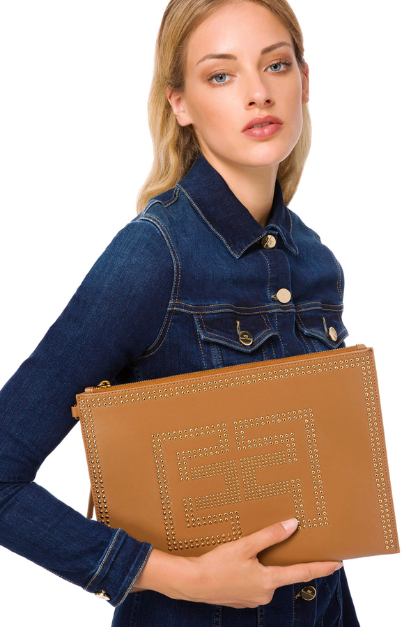Faux leather envelope bag with golden logo - Elisabetta Franchi® Outlet