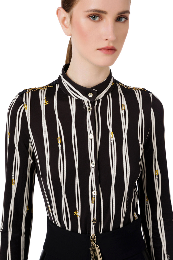 High mandarin collar blouse with belt logo print - Elisabetta Franchi® Outlet