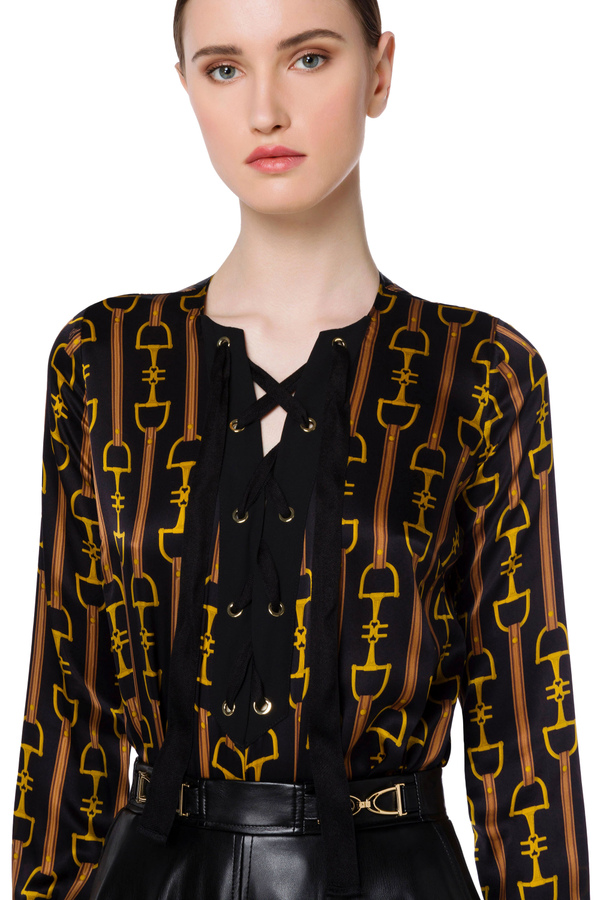 Bodysuit-style horsebit print satin blouse - Elisabetta Franchi® Outlet