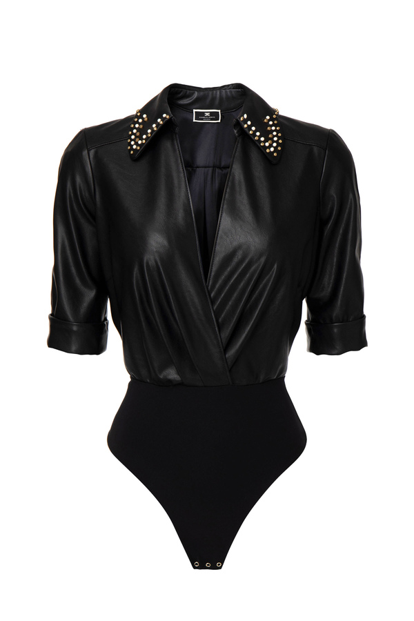 Bodysuit-style blouse with light gold clasp neckline - Elisabetta Franchi® Outlet