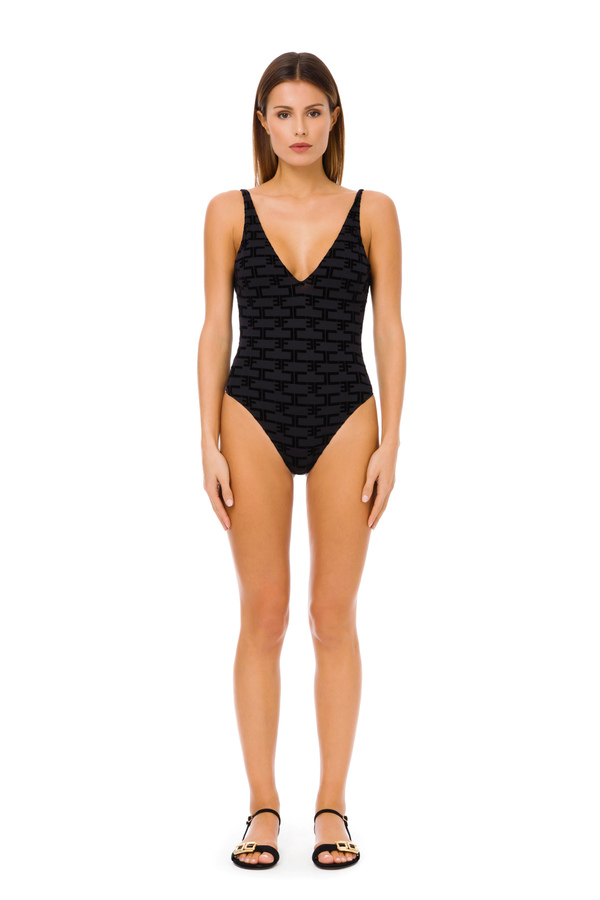 One-piece swimsuit with monogram print - Elisabetta Franchi® Outlet