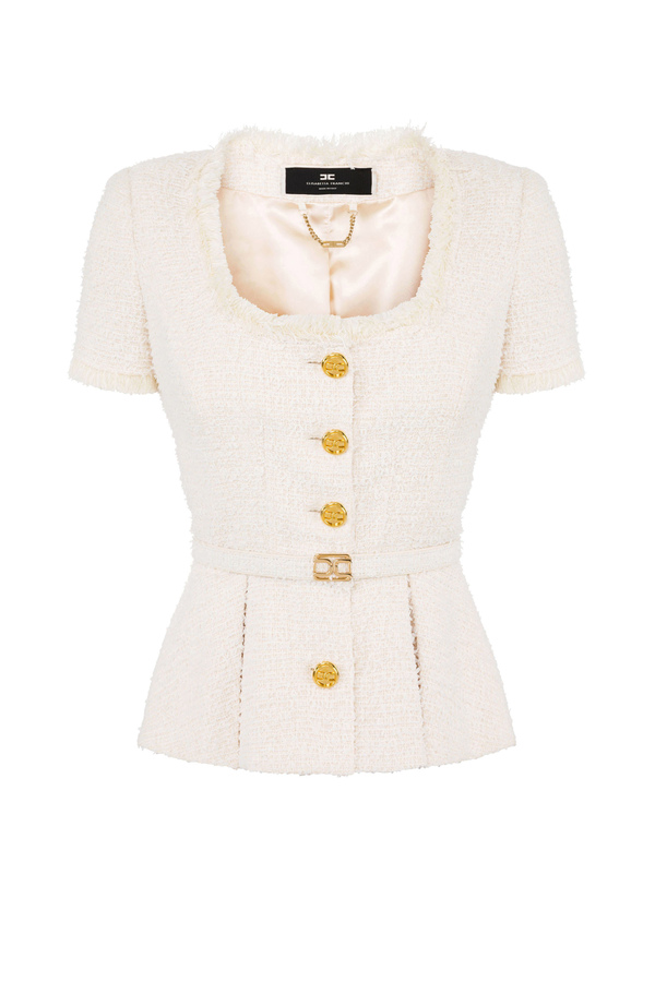 Tweed jacket with short sleeves and a light gold button - Elisabetta Franchi® Outlet