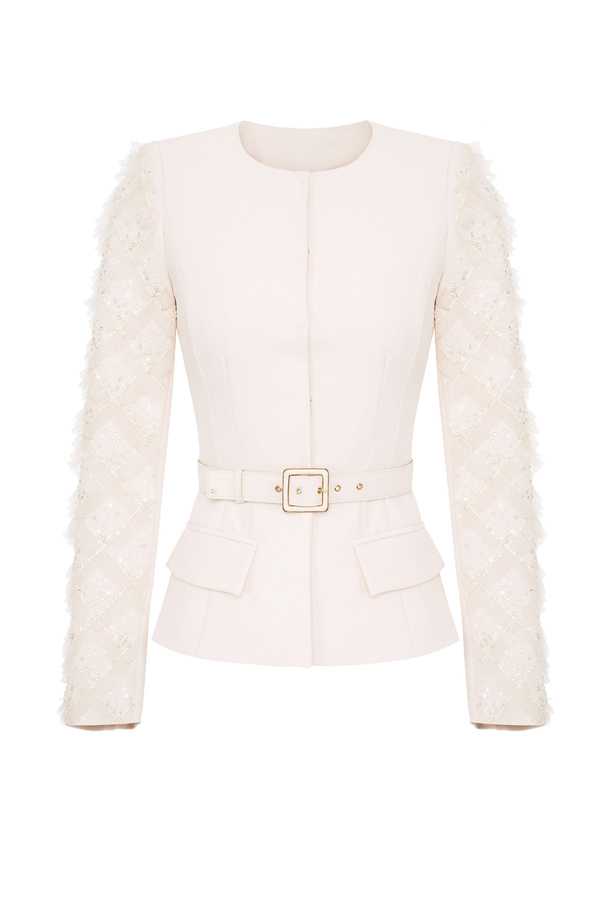 Jacket with embroidered sleeves and belt - Elisabetta Franchi® Outlet