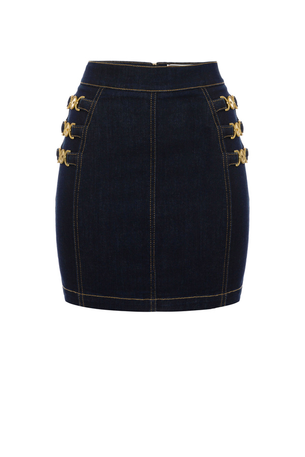 Denim mini skirt with light gold horse bits - Elisabetta Franchi® Outlet