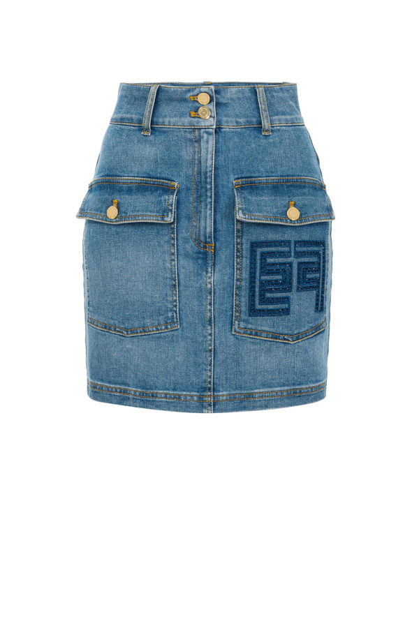 Denim mini skirt with an EF embroidered double pocket - Elisabetta Franchi® Outlet