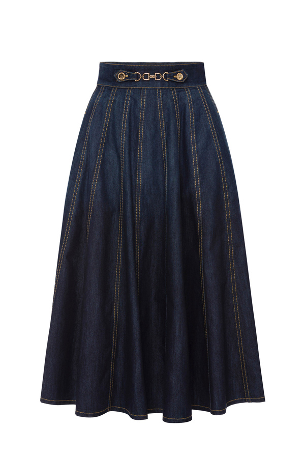 Pleated denim skirt with gold horse bit - Elisabetta Franchi® Outlet