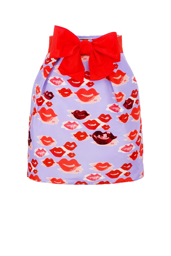 Mini skirt with lip print and bow - Elisabetta Franchi® Outlet