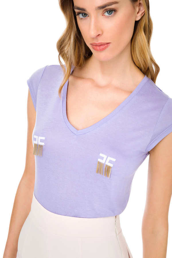 Camiseta de manga corta con logotipo y micro cadenas - Elisabetta Franchi® Outlet