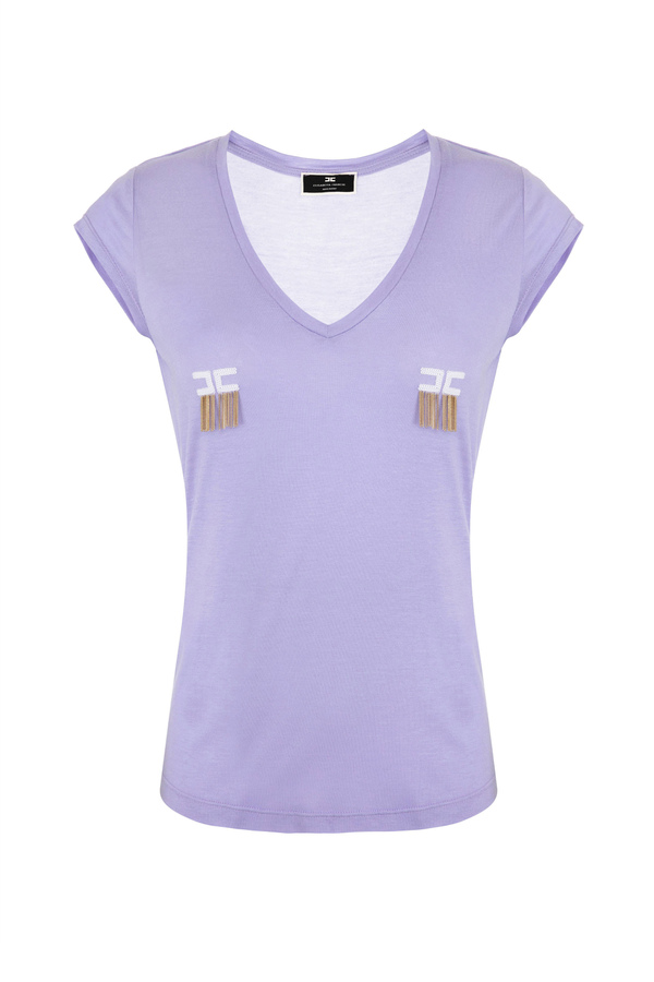 Short-sleeved t-shirt with logo and micro chains - Elisabetta Franchi® Outlet