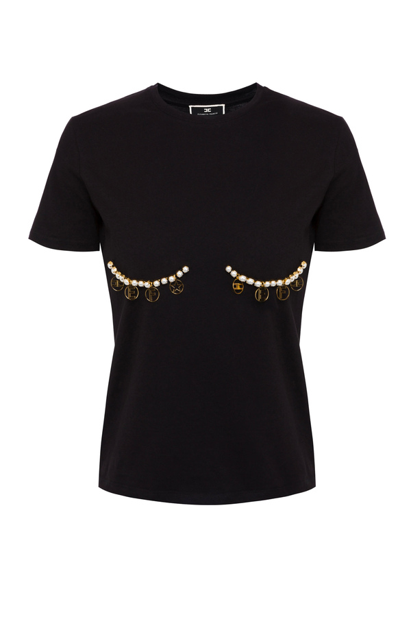 T-Shirt mit Applikation aus Perlen und Charms - Elisabetta Franchi® Outlet