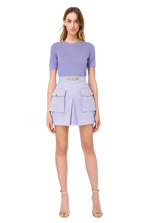 Short-sleeved tricot top with embroidered logo - Elisabetta Franchi® Outlet