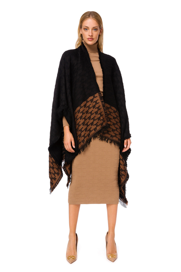 Two-coloured cape with monogram and fringes - Elisabetta Franchi® Outlet