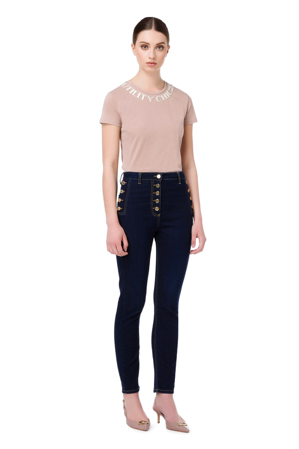 Jeans skinny con bottoni oro a vista - Elisabetta Franchi® Outlet