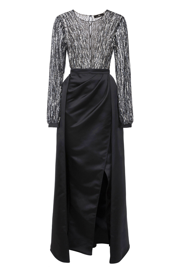 Red Carpet duchess satin dress with sequins - Elisabetta Franchi® Outlet