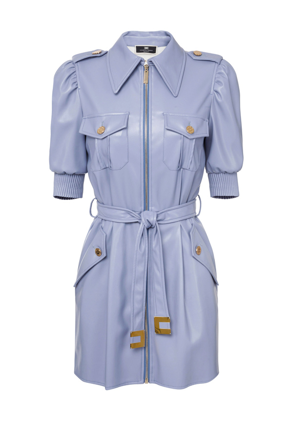 Shirt dress with puff sleeves and belt with logo - Elisabetta Franchi® Outlet