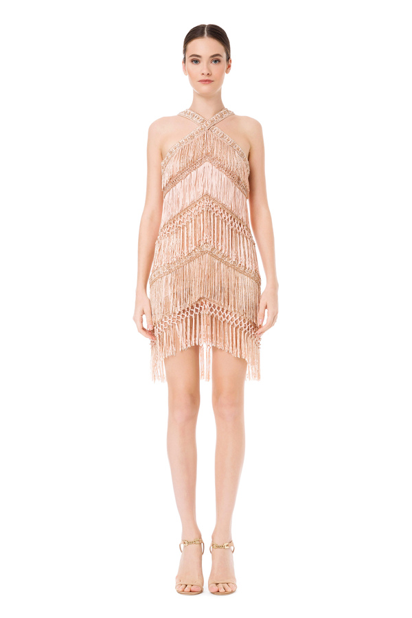 Embroidered crossover dress with fringes - Elisabetta Franchi® Outlet