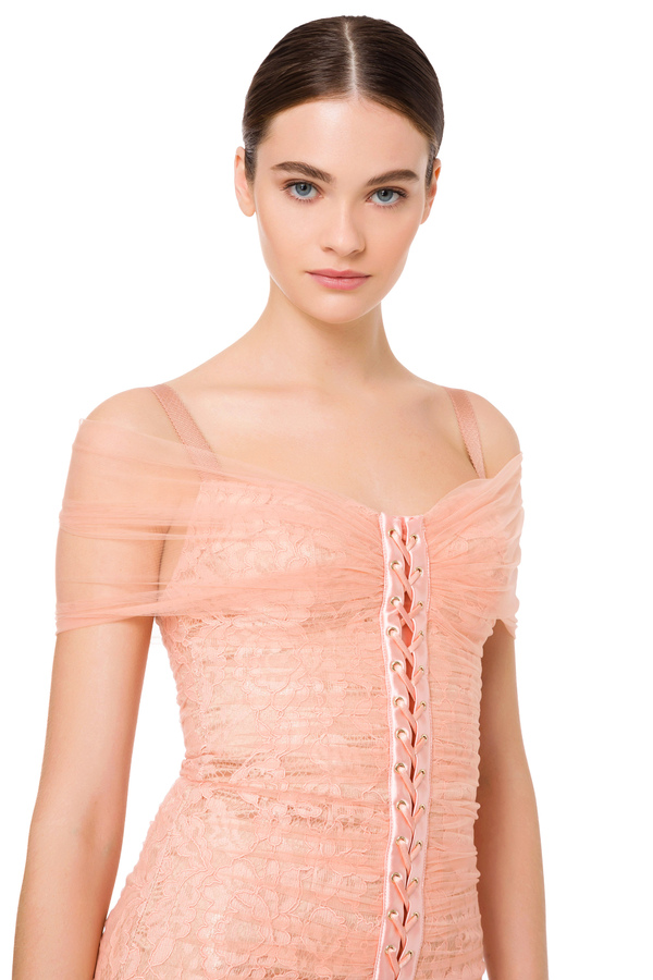 Rebrodé lace sheath dress with technical mesh - Elisabetta Franchi® Outlet
