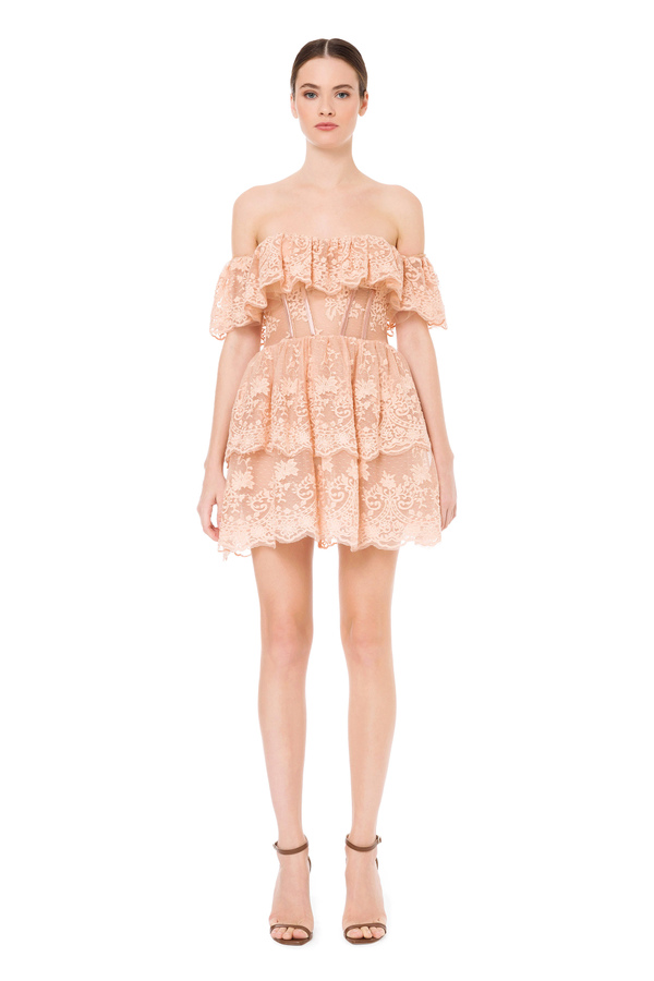 Off-the-shoulder flounced dress with embroidered lace - Elisabetta Franchi® Outlet