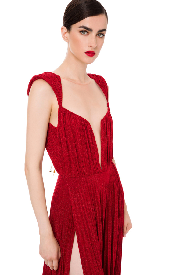 Red Carpet dress made of lurex jersey fabric with pendant charm - Elisabetta Franchi® Outlet