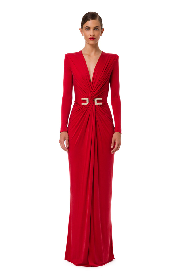 Red Carpet-Kleid mit langen Ärmeln und Maxi-C aus Strass - Elisabetta Franchi® Outlet