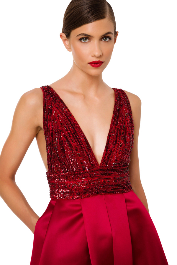 Red Carpet duchess satin dress with sequins - Elisabetta Franchi® Outlet