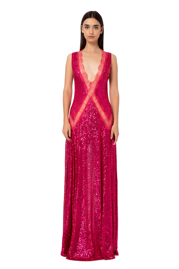 Red carpet dress with insertsin lace and sequin fabric - Elisabetta Franchi® Outlet