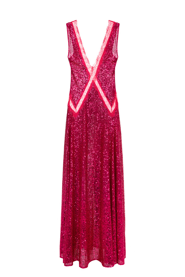 Red carpet dress with insertsin lace and sequin fabric - Elisabetta Franchi® Outlet