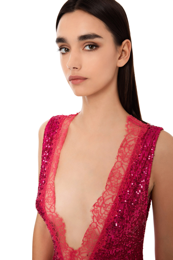 Vestido Red Carpet con aplicaciones de encaje y tejido de lentejuelas - Elisabetta Franchi® Outlet