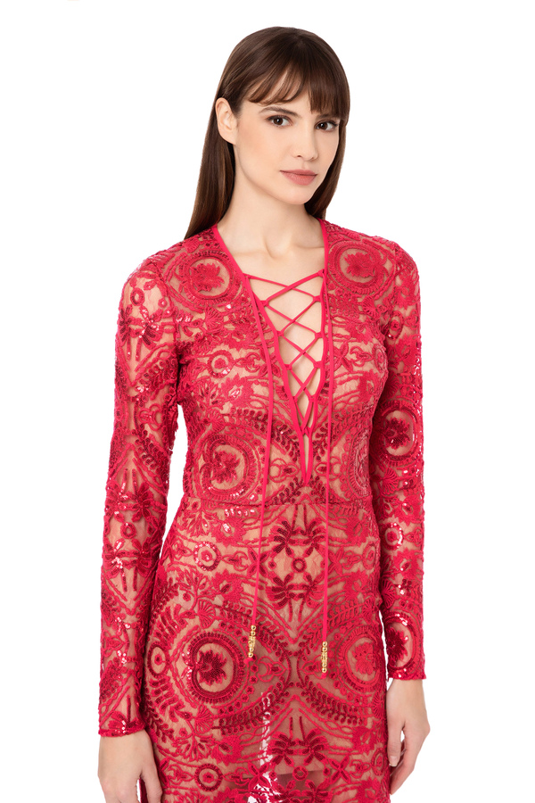 Red carpet lace dress with sequins - Elisabetta Franchi® Outlet