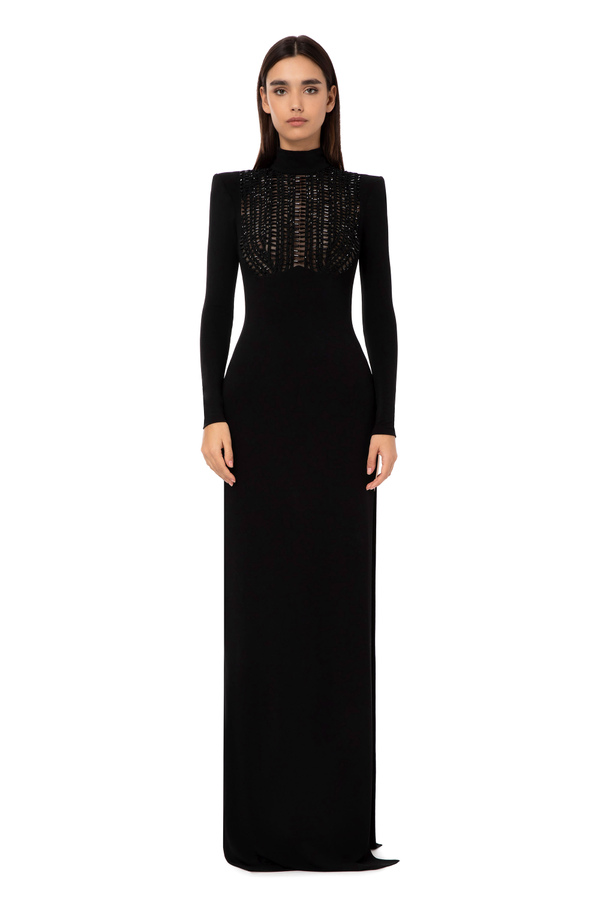 Red carpet dress in jerseywith embroidered ascot tie - Elisabetta Franchi® Outlet