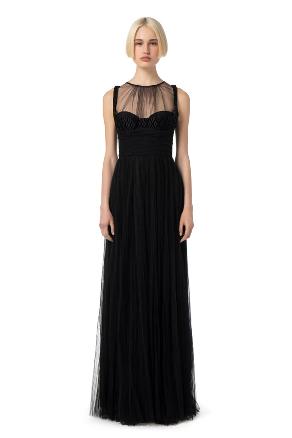 Red Carpet dress in pleated tulle fabric Elisabetta Franchi Outlet