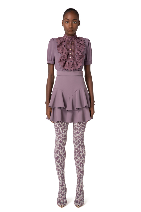 Mini-dress in georgette fabric and crochet lace - Elisabetta Franchi® Outlet