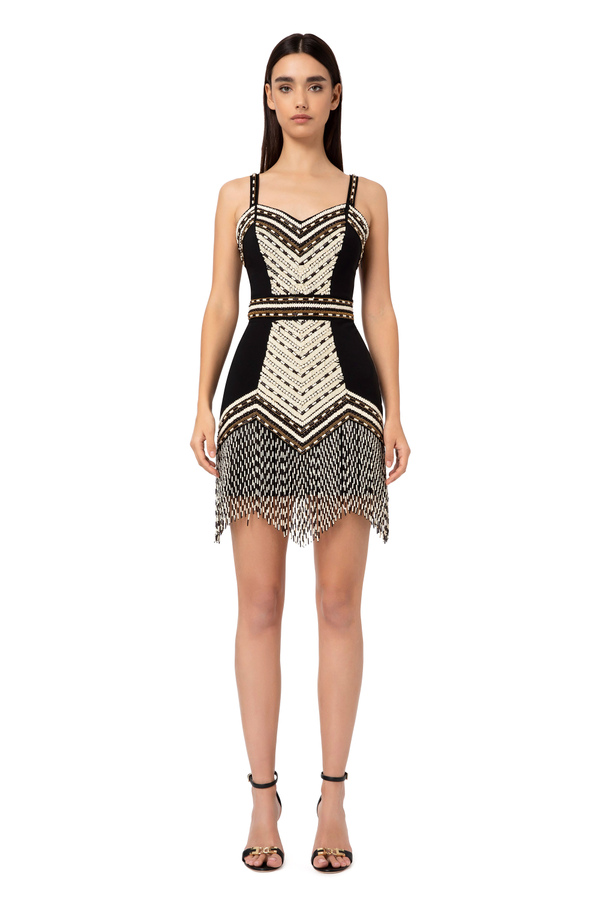 Mini dress with ethnic embroidery and two-tone fringe - Elisabetta Franchi® Outlet