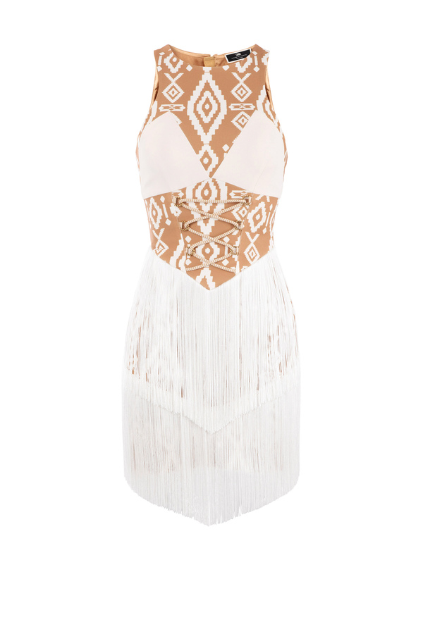 Mini dress with ethnic print and fringes - Elisabetta Franchi® Outlet