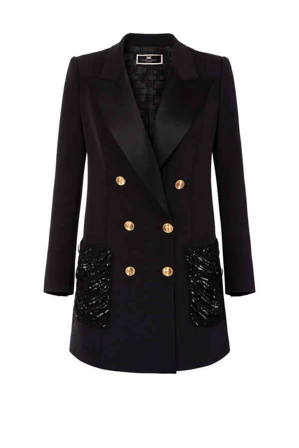 Coat dress in double layer crêpe fabric with embroidered pockets - Elisabetta Franchi® Outlet