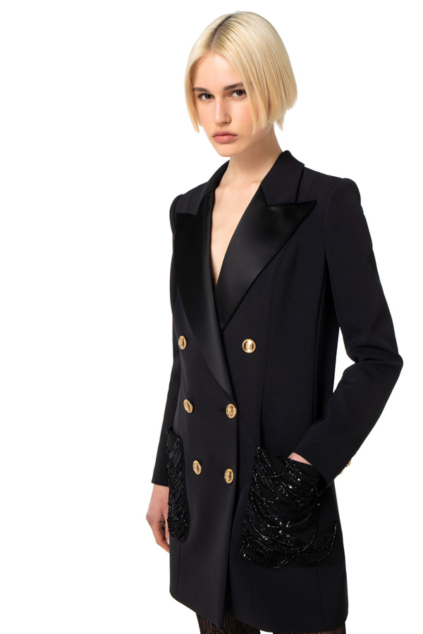 Coat dress in double layer crêpe fabric with embroidered pockets - Elisabetta Franchi® Outlet