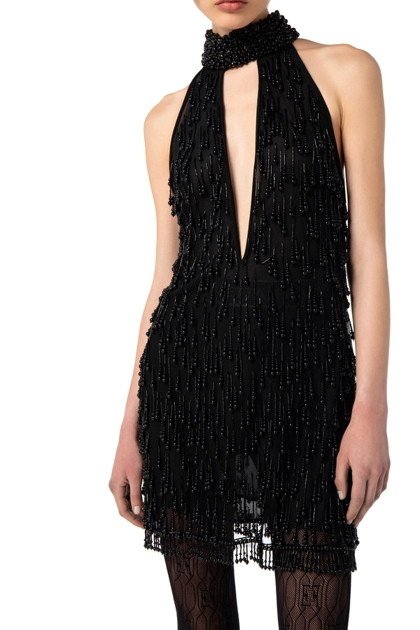 Tulle mini-dress with embroidered pearls - Elisabetta Franchi® Outlet