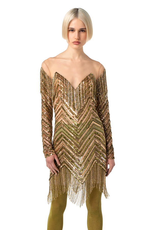 Tulle mini-dress with embroidered sequins - Elisabetta Franchi® Outlet