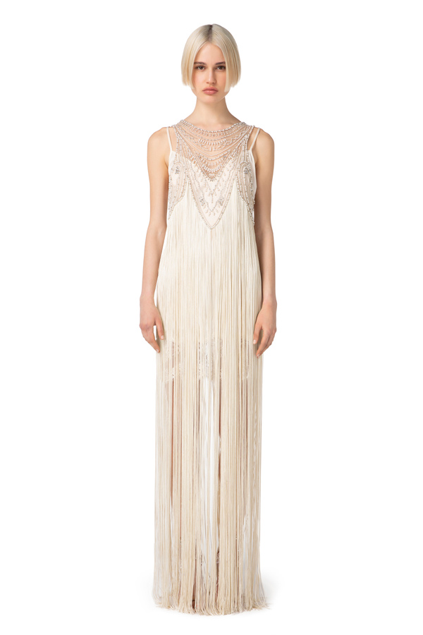 Tulle Red Carpet dress with fringes and beads - Elisabetta Franchi® Outlet