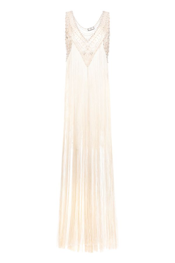 Tulle Red Carpet dress with fringes and beads - Elisabetta Franchi® Outlet